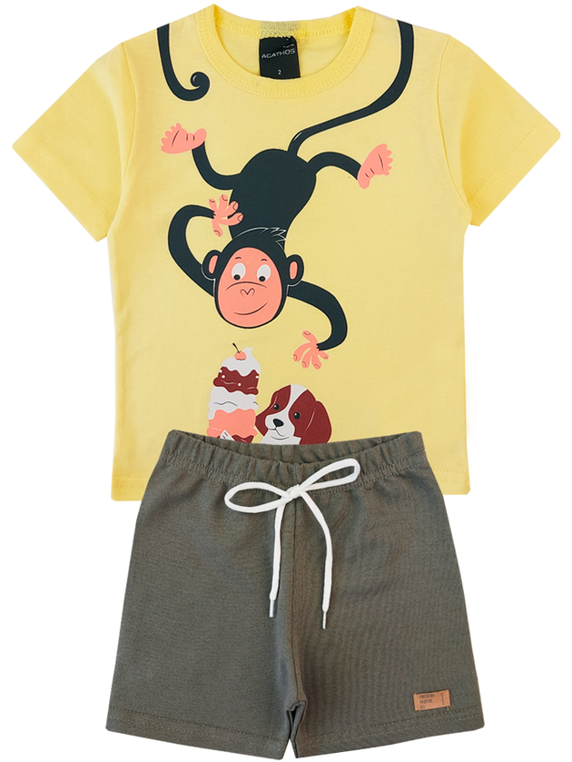 Conjunto Infantil Meia Malha/Moletinho Macaco Agathos 18636 Amarelo