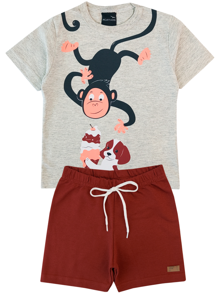 Conjunto Infantil Meia Malha/Moletinho Macaco Agathos 18637 Mescla
