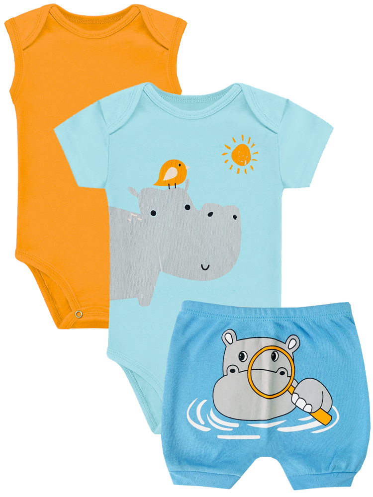 Kit Body Infantil 3 Peças Suedine Hipopótamo Dapeen 19332 Azul