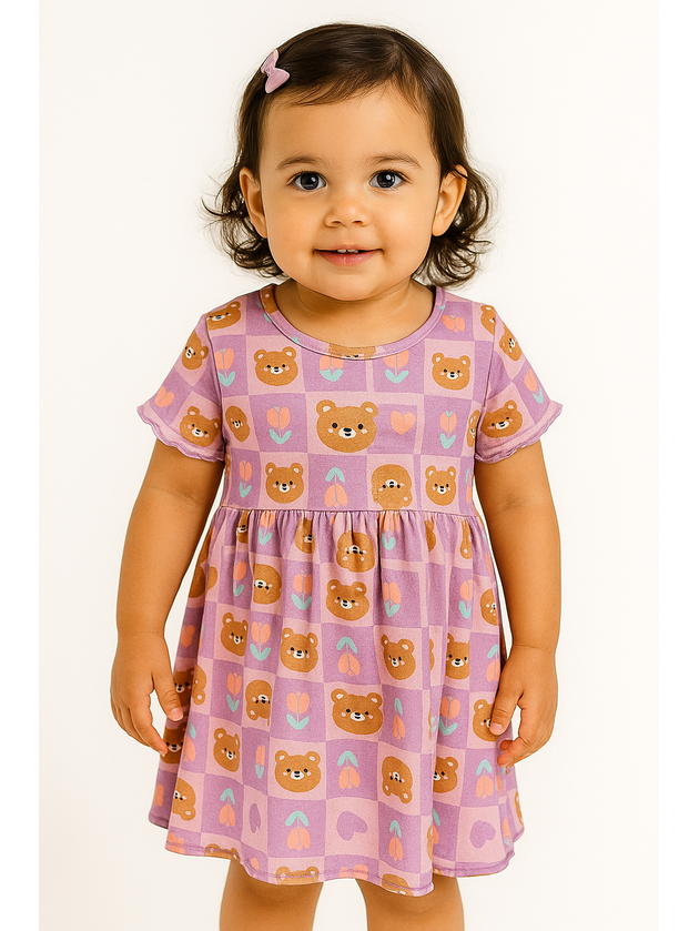 Vestido Infantil Meia Malha Penteado Urso 19975 Lilás